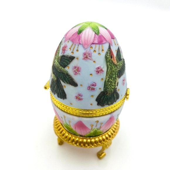 Vintage Porcelain Egg Hummingbird Club Floral Trinket Box w/ Gold Colored Stand - Picture 5 of 9